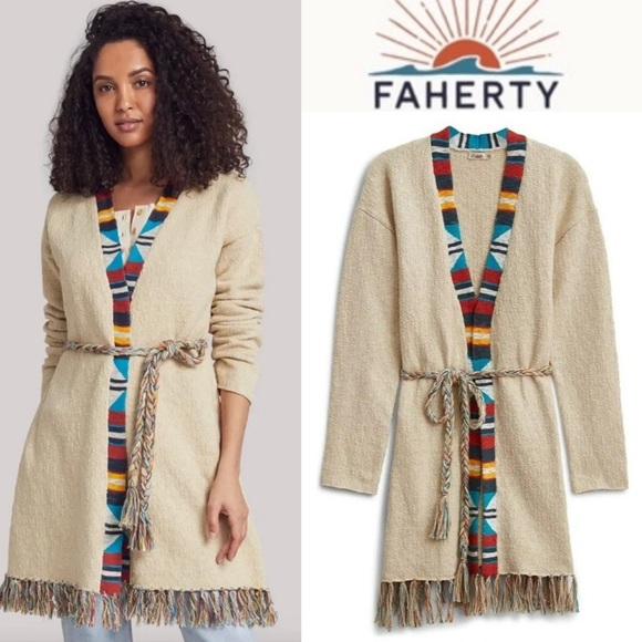 NWT Faherty Crow Stripes Duster Cardigan Braided Belt Border Stripe Ivory M / L - Picture 2 of 16